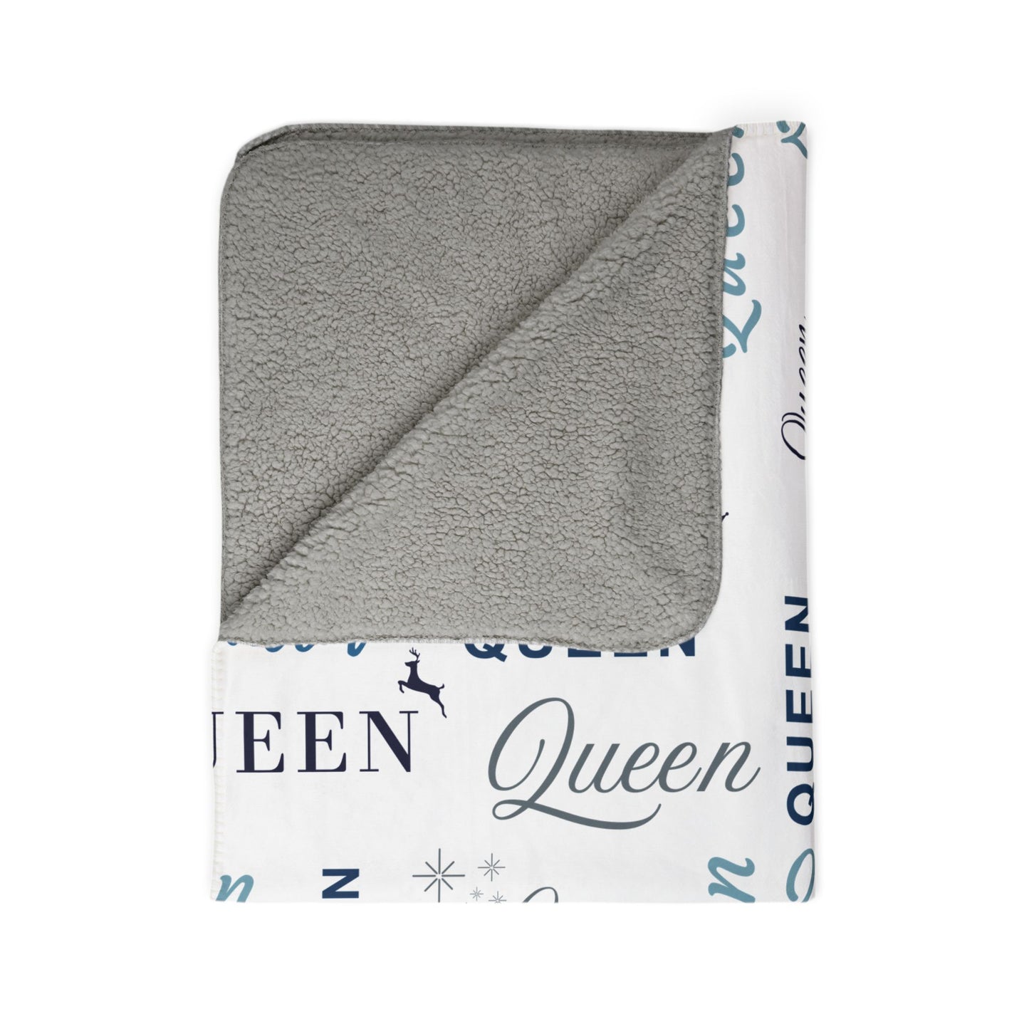 Queen, All Wrapped-up Fleece Sherpa Blanket with Blue text