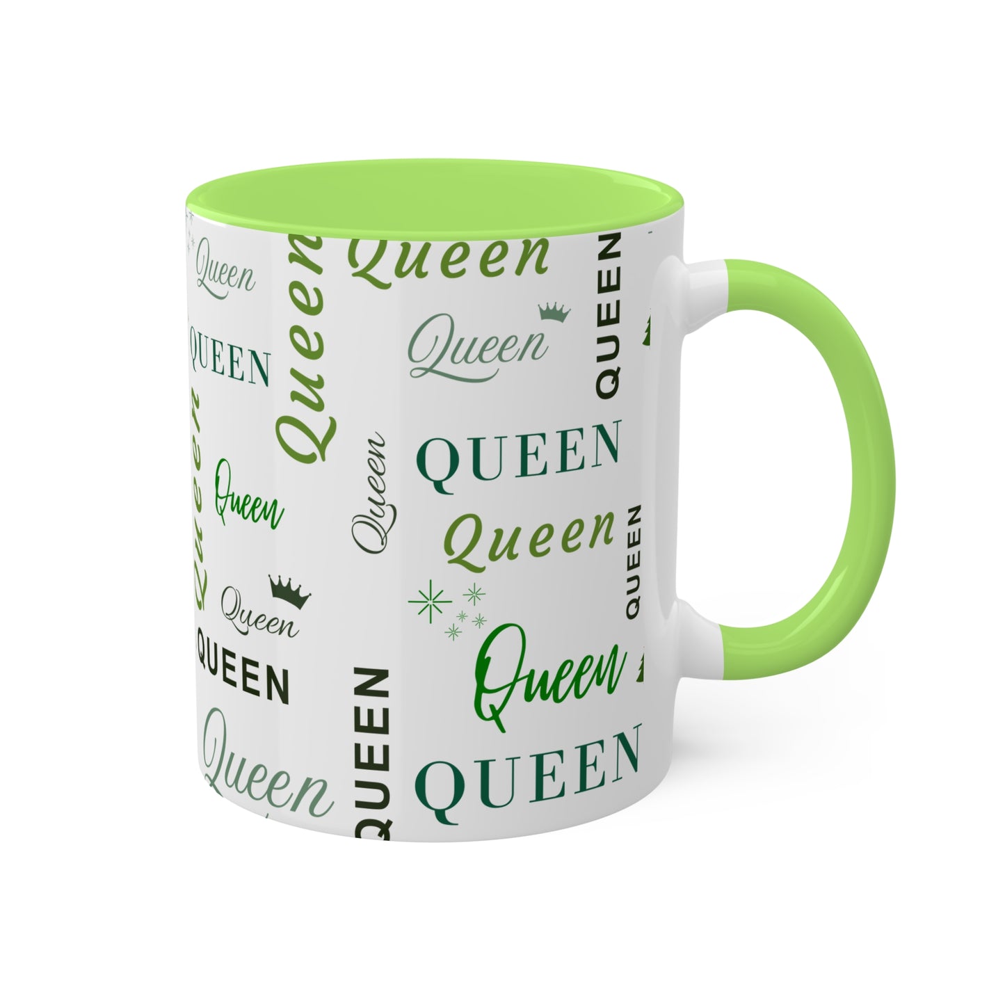 Coffee Mug - Queen Accent Mug with Green Text, 11oz Colorful Mug