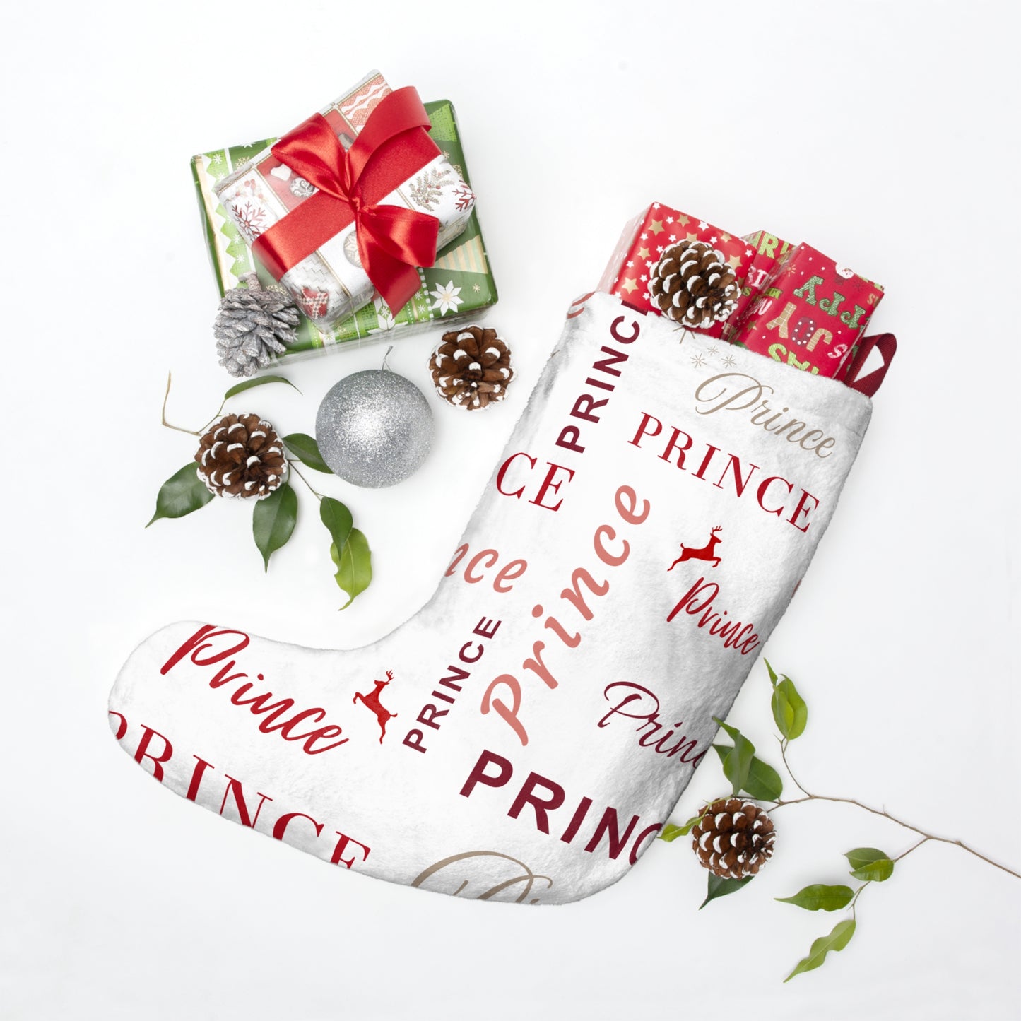 Christmas Stocking - Prince, All Wrapped-up with Red text