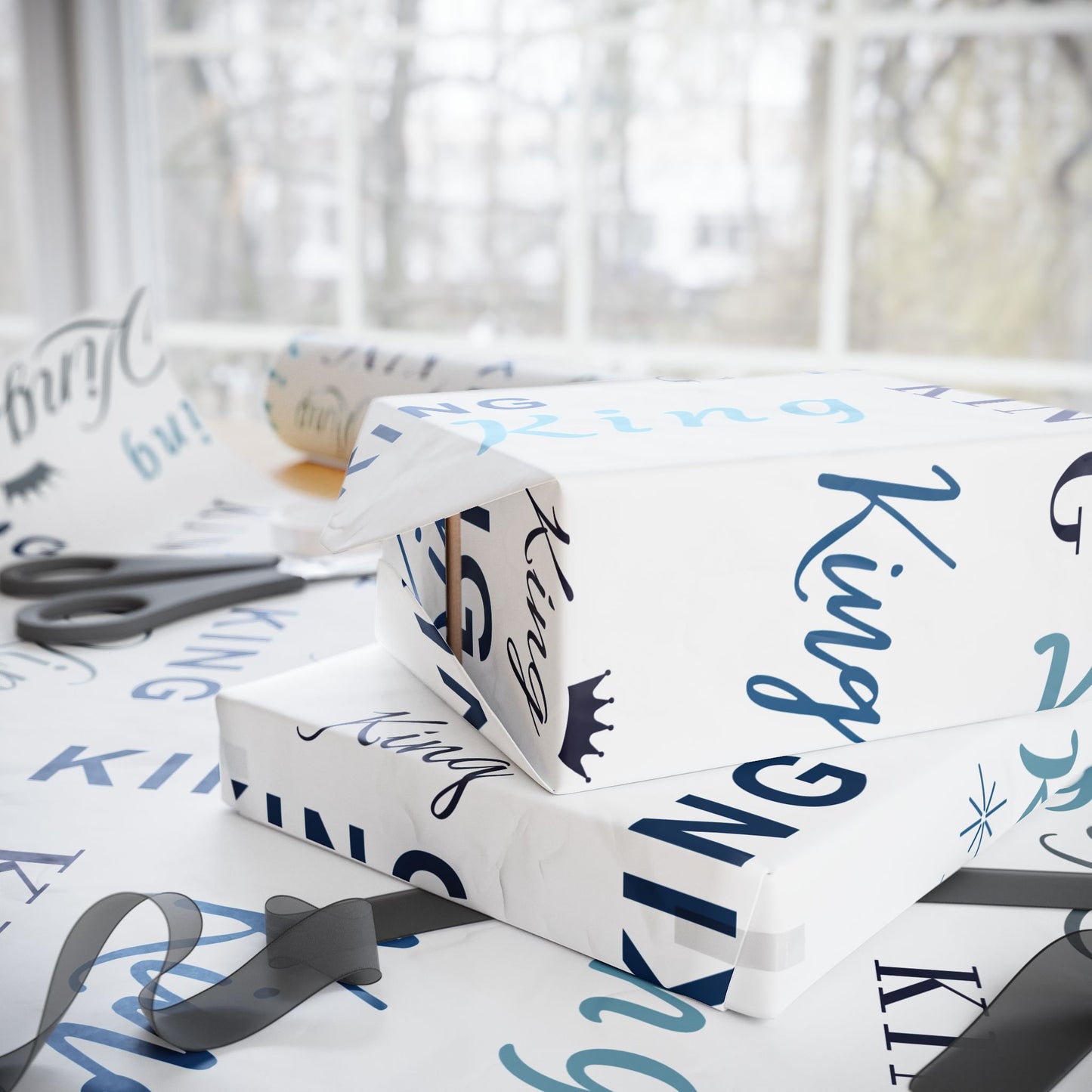 King, All Wrapped-up Wrapping Papers with Blue text