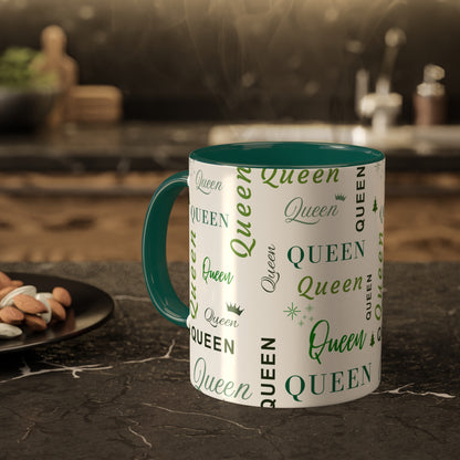 Coffee Mug - Queen Accent Mug with Green Text, 11oz Colorful Mug