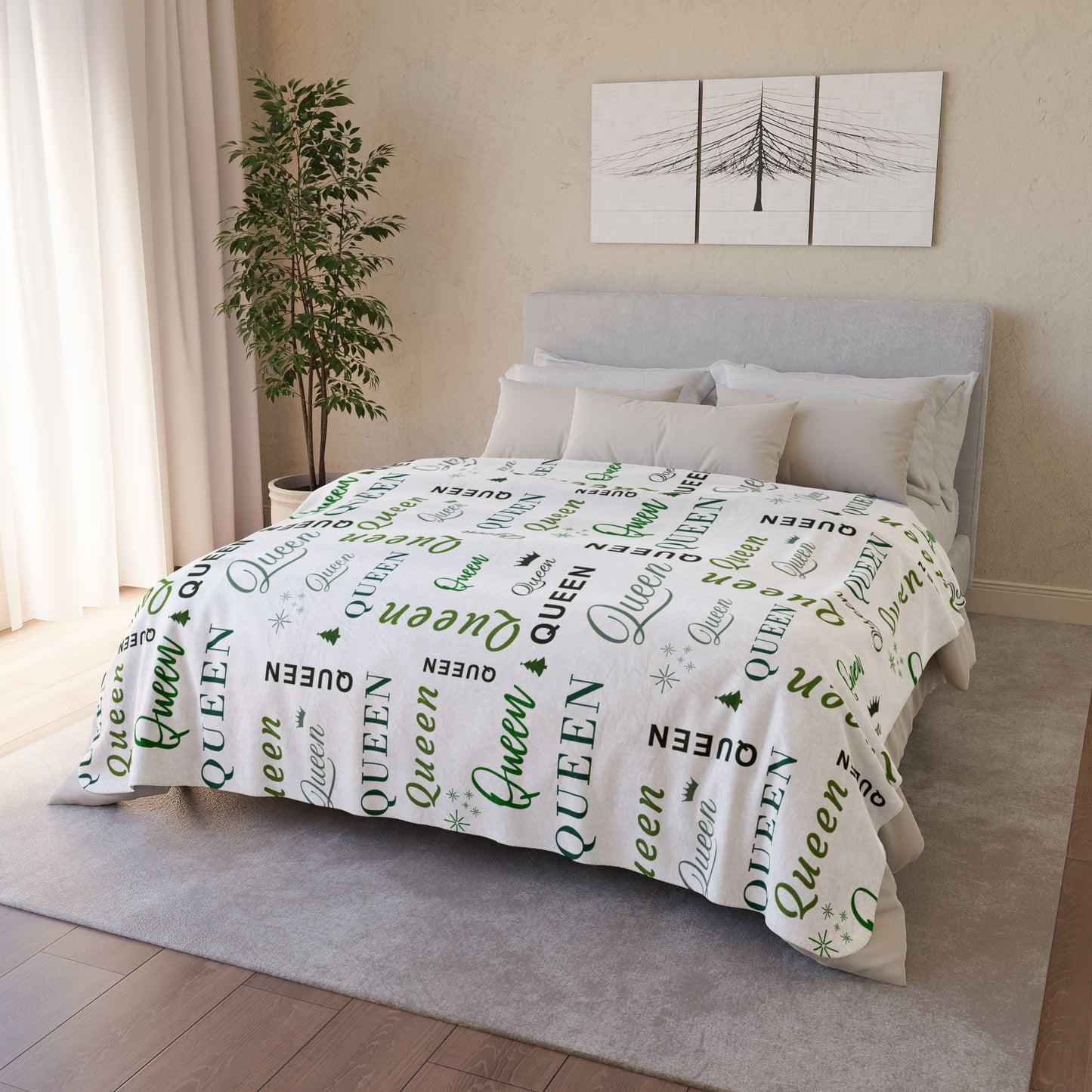 Queen, All Wrapped-up Fleece Sherpa Blanket with Green text