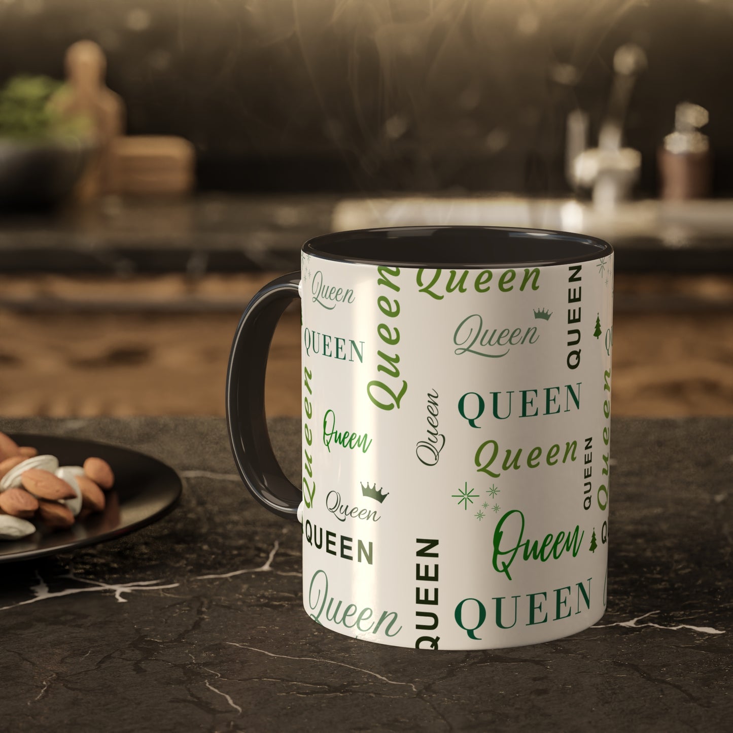 Coffee Mug - Queen Accent Mug with Green Text, 11oz Colorful Mug