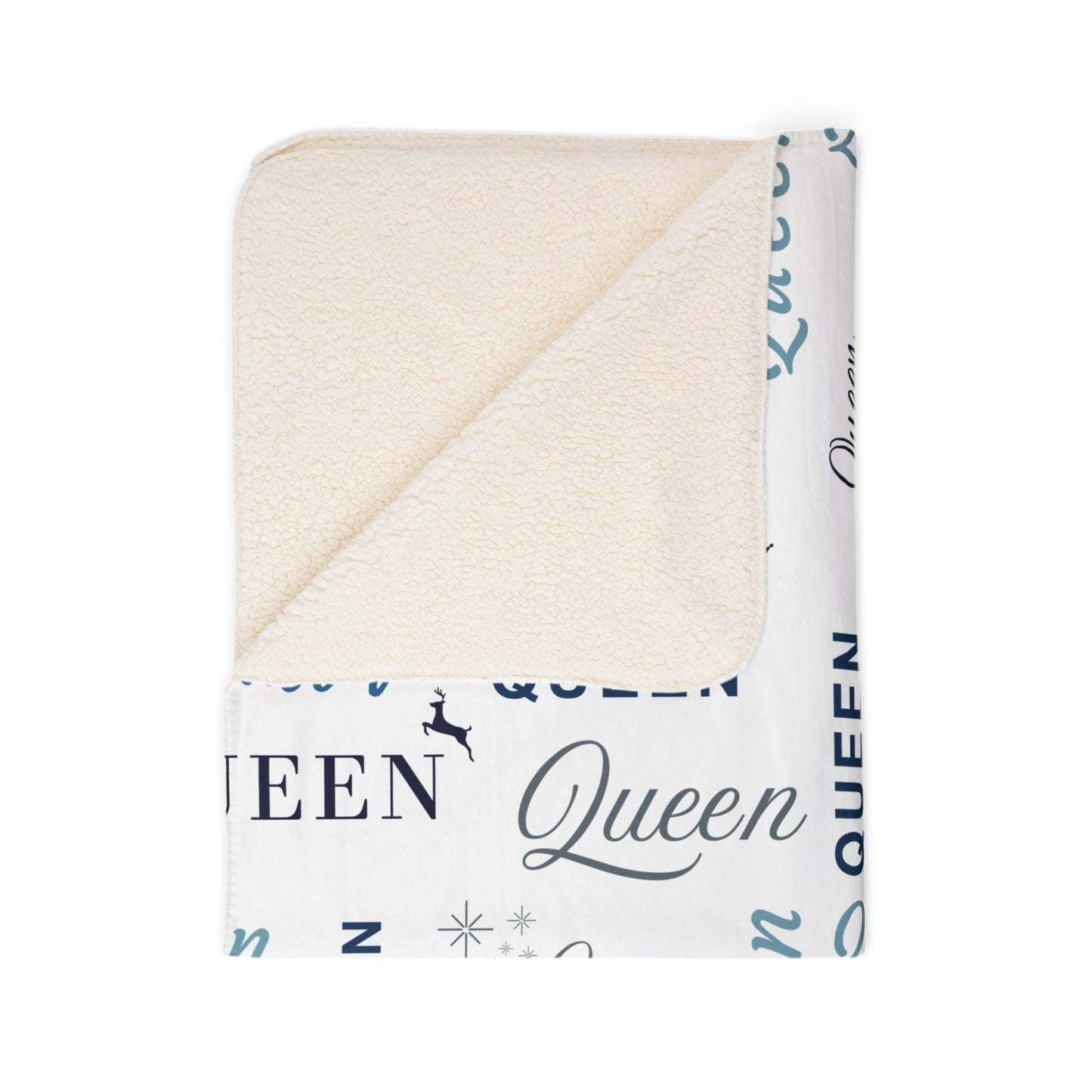 Queen, All Wrapped-up Fleece Sherpa Blanket with Blue text