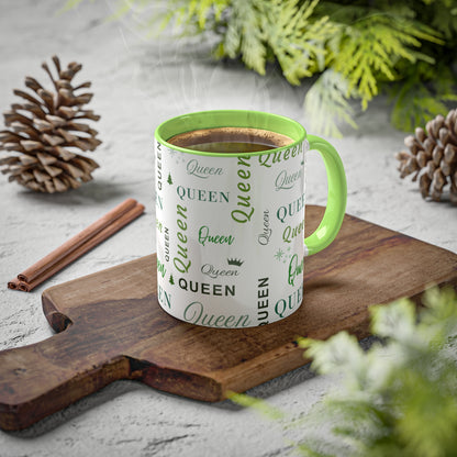 Coffee Mug - Queen Accent Mug with Green Text, 11oz Colorful Mug