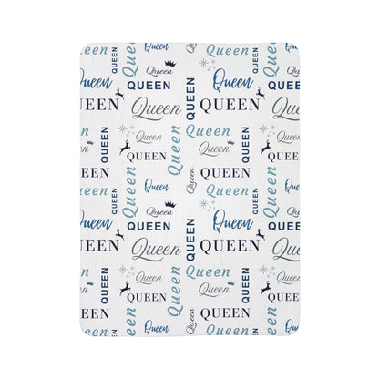 Queen, All Wrapped-up Fleece Sherpa Blanket with Blue text