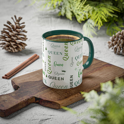 Coffee Mug - Queen Accent Mug with Green Text, 11oz Colorful Mug