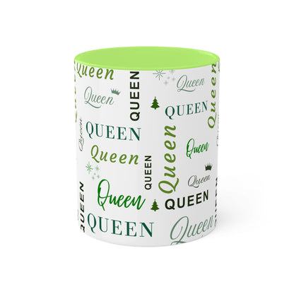 Coffee Mug - Queen Accent Mug with Green Text, 11oz Colorful Mug