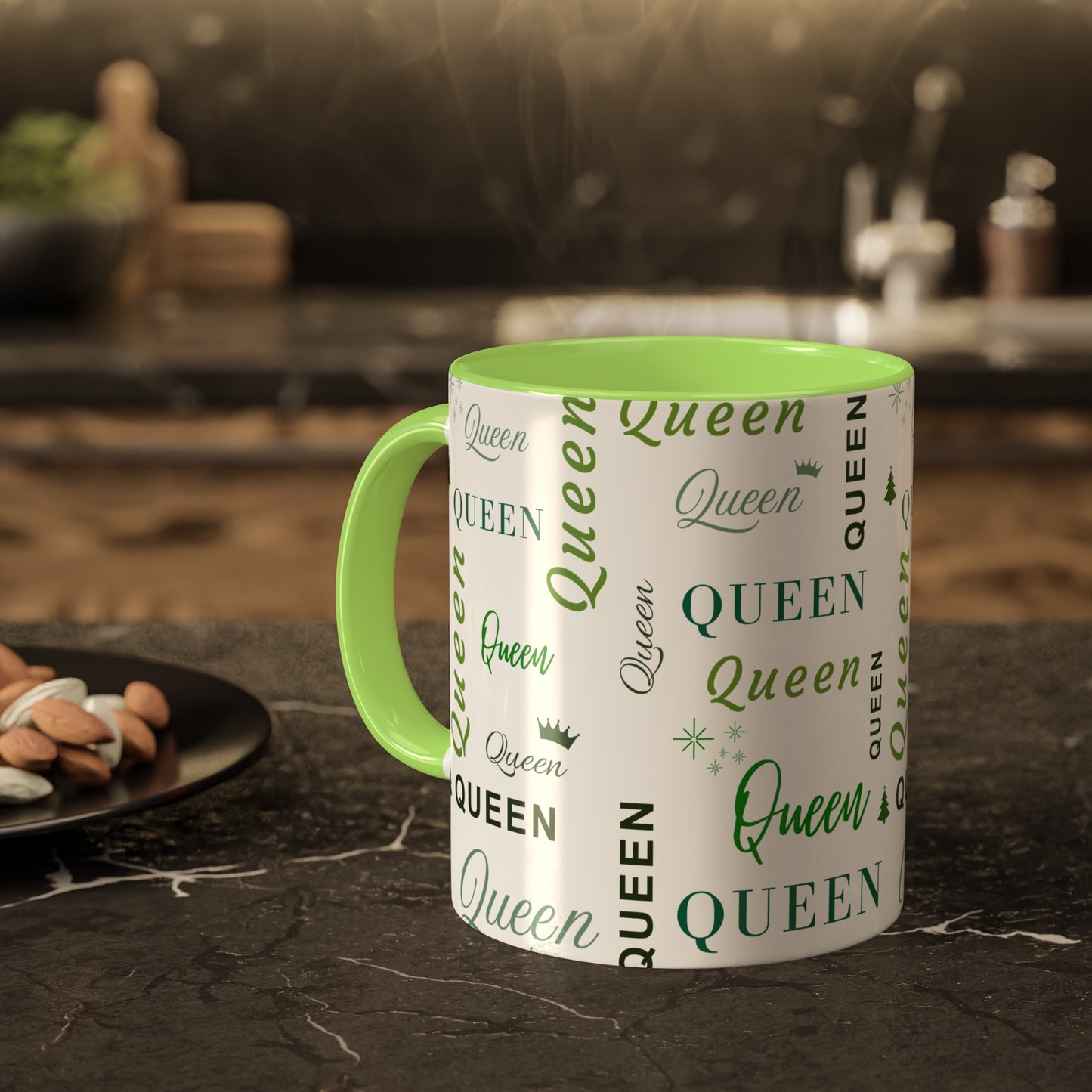 Coffee Mug - Queen Accent Mug with Green Text, 11oz Colorful Mug