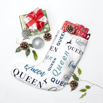 Christmas Stocking - Queen, All Wrapped-up with Blue text