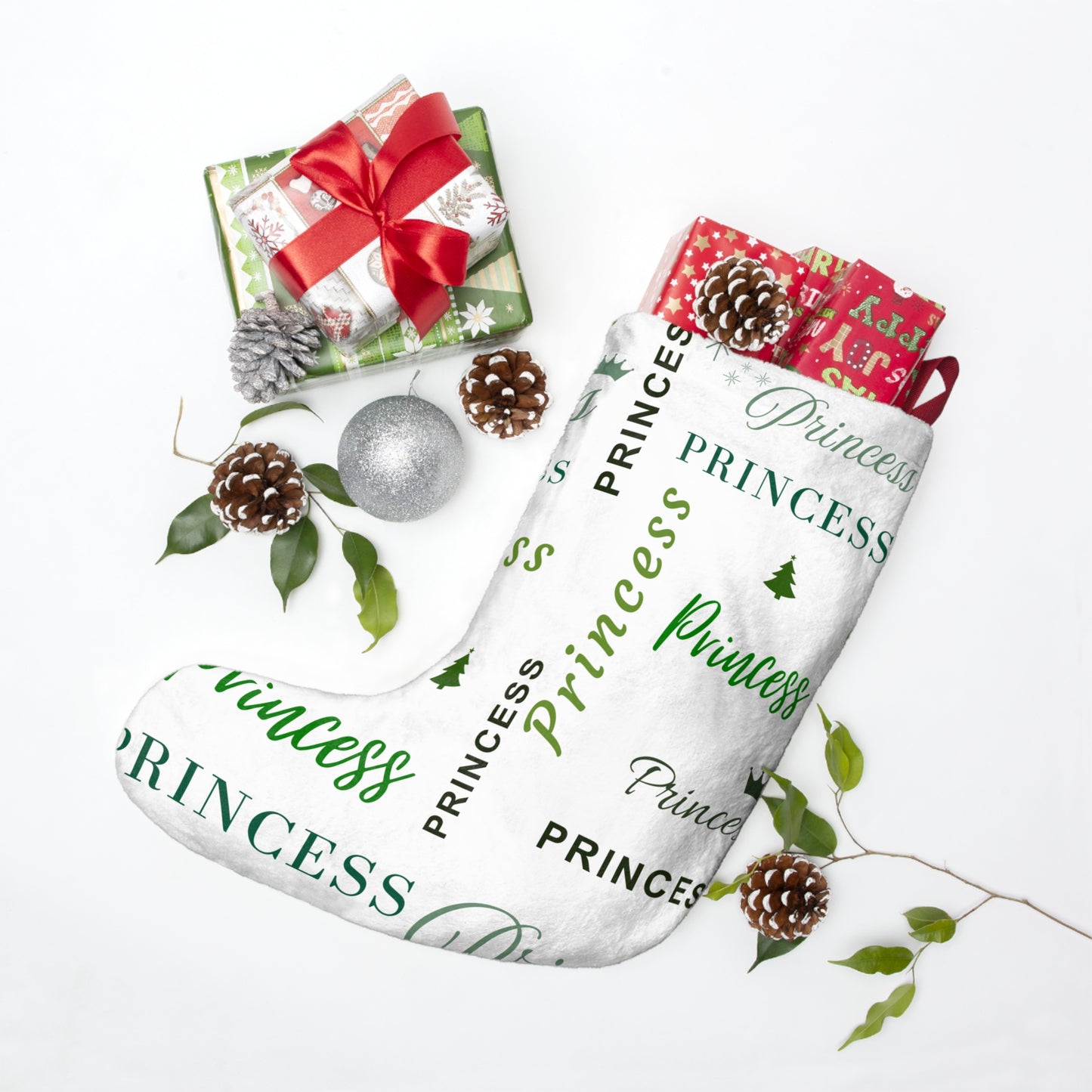 Christmas Stocking - Princess, All Wrapped-up with Green text