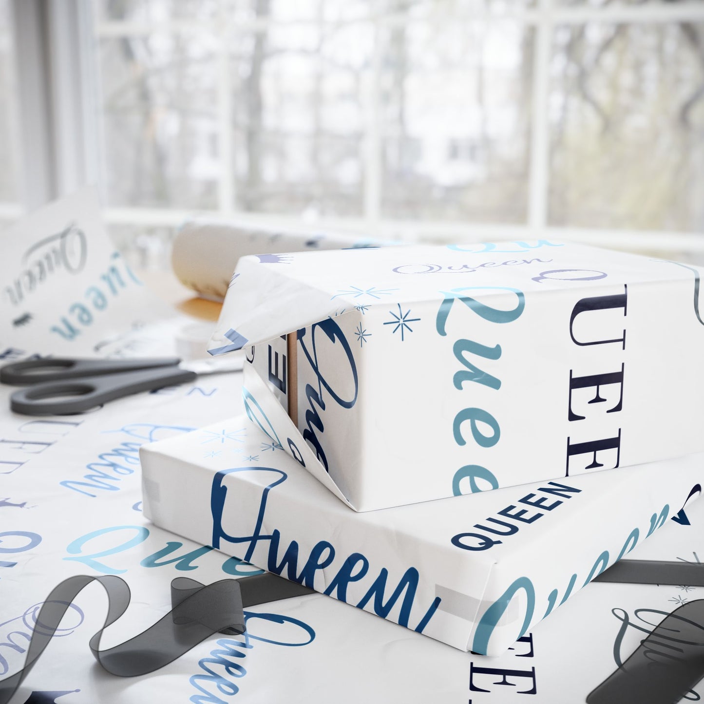 Queen, All Wrapped-up Wrapping Papers with Blue text